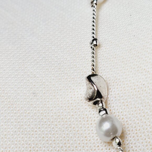 Silver Tone & Faux Pearl Choker Station Necklace Snake Chain 16" - Picture 4 of 9